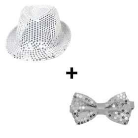 Fedora Partyhut + Glitzerfliege Silber