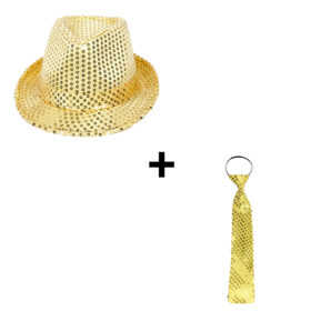 Fedora Partyhut + Glitzer Krawatte Gold