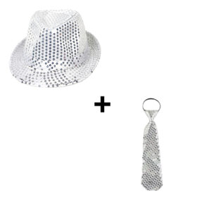 Fedora Partyhütchen + Glitzerkrawatte Silber