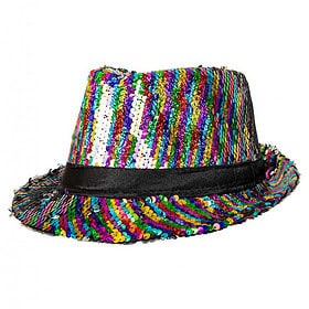 Fedora-Partyhut mit schwarzem Band Pailletten Pride Regenbogen