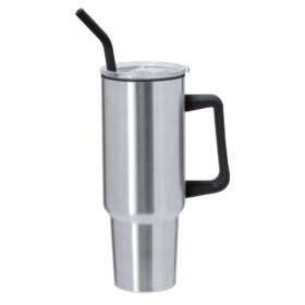 Thermosflasche mit Strohhalm Edelstahl 1,2 Liter silber/schwarz
