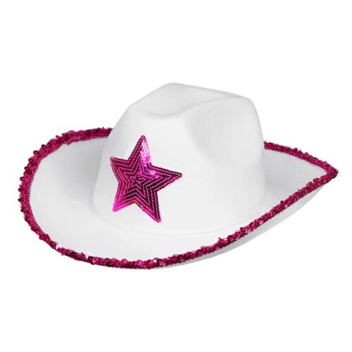 Cowboyhut Pailletten mit Stern Weiß/Rosa