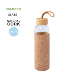 Stilvolle Glas-Wasserflasche mit Korkhülle und Bambusdeckel - 500ml