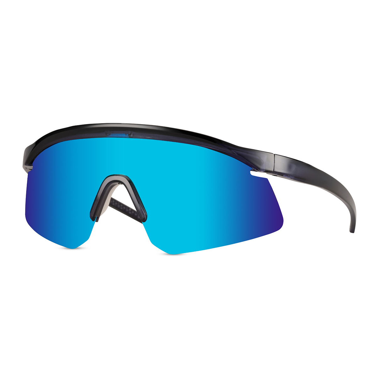 Schwarze Sport-Sonnenbrille mit glänzendem, halb randlosem Gestell – Blaue Gläser