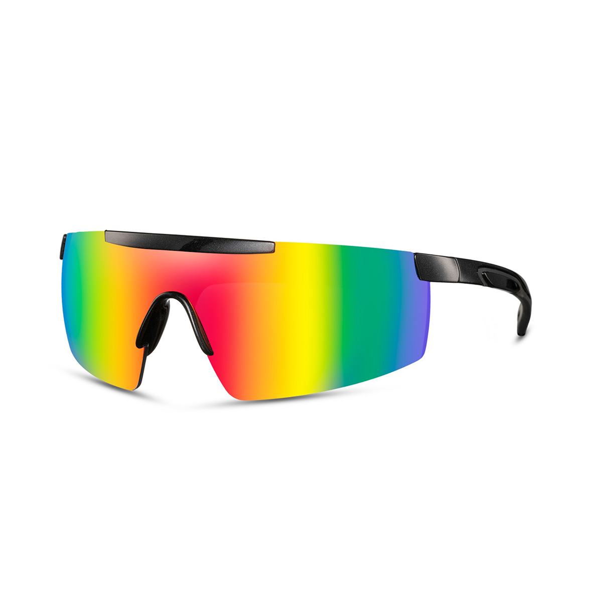 Schwarze Sport-Sonnenbrille mit glänzendem, halb randlosem Gestell – Multicolor-Glas
