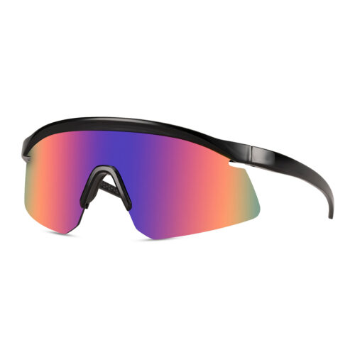 Schwarze Sportsonnenbrille mit glänzendem, halbrandlosem Gestell – Gläser in Multicolor