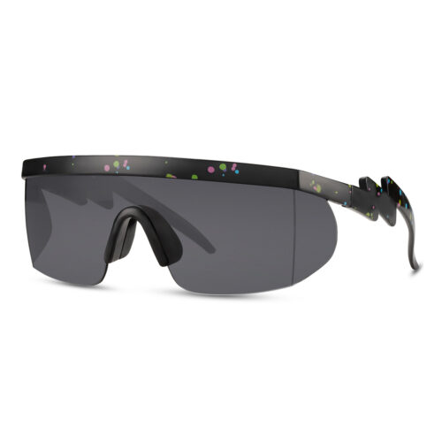 Schwarze Sport-Sonnenbrille mit glänzendem, halb randlosem Gestell mit Print – schwarze Gläser