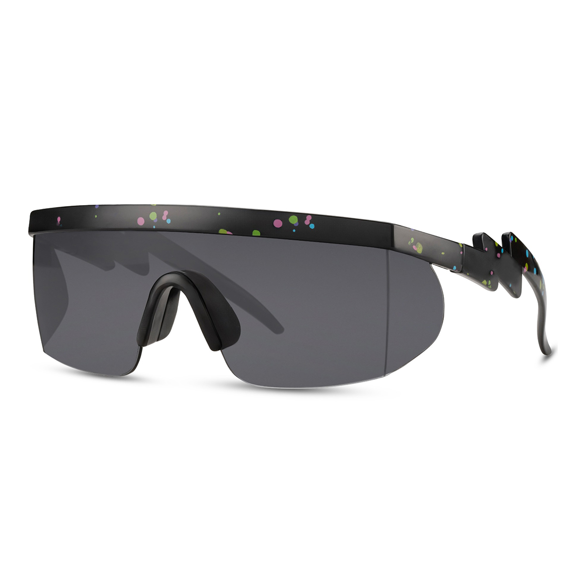 Schwarze Sport-Sonnenbrille mit glänzendem, halb randlosem Gestell mit Print – schwarze Gläser