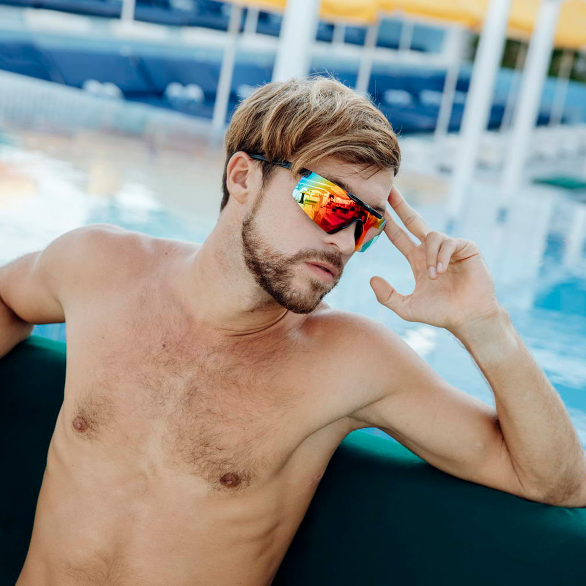 Schwarze Sport-Sonnenbrille mit glänzendem, halb randlosem Gestell – Multicolor-Glas – Bild 3