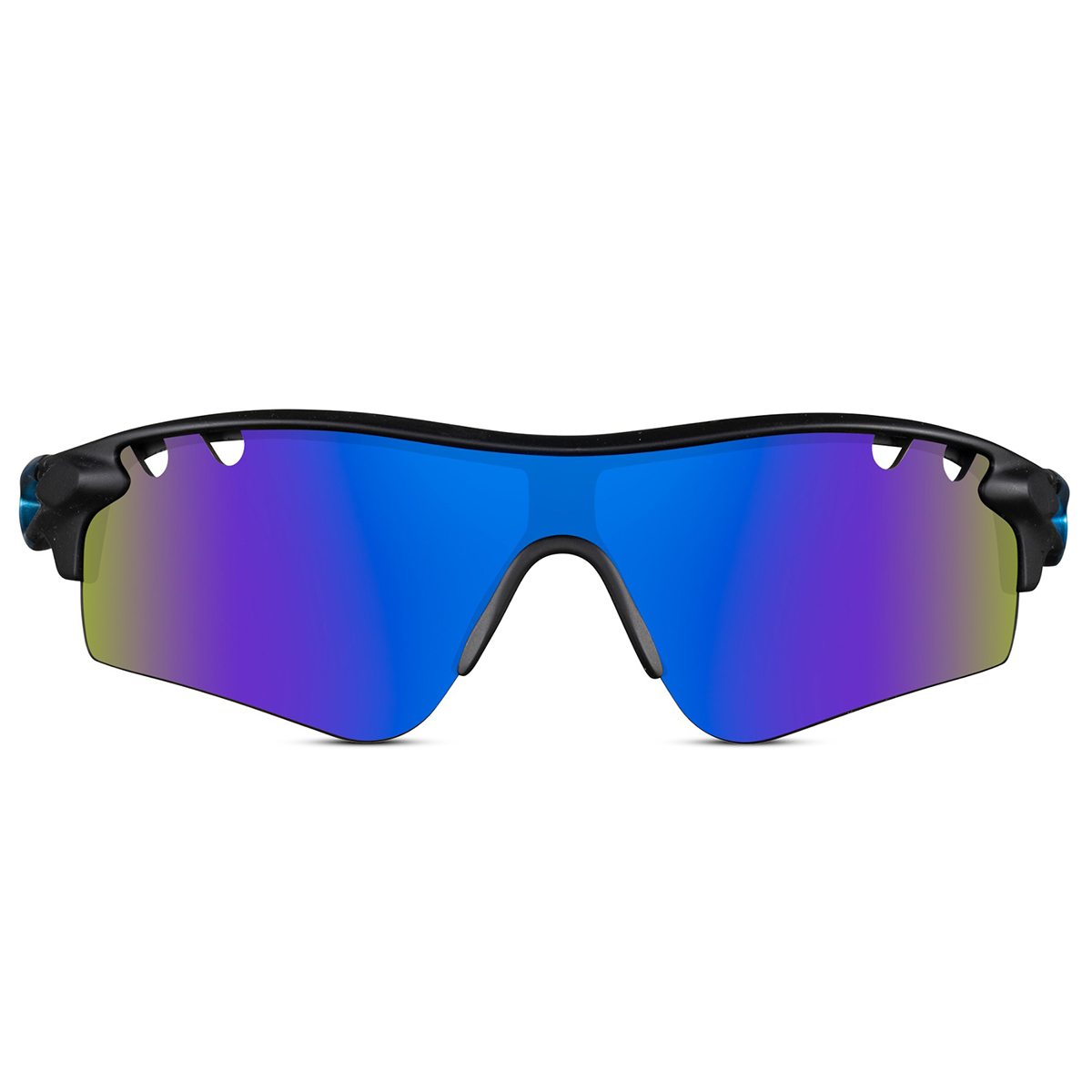 Mattschwarze Sport-Sonnenbrille mit halb randlosem Gestell und blauen Bügeln – Blaues Glas – Bild 2