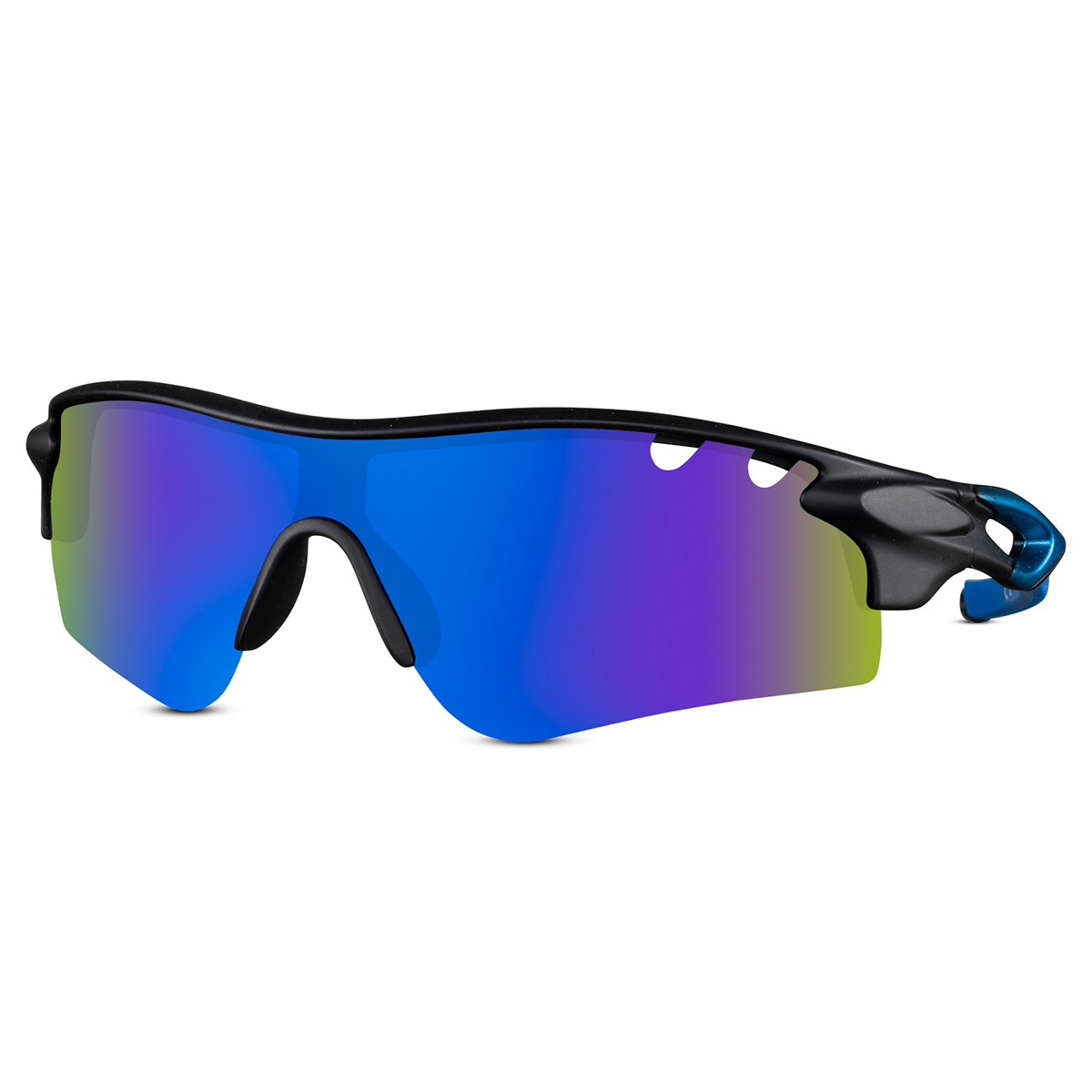 Mattschwarze Sport-Sonnenbrille mit halb randlosem Gestell und blauen Bügeln – Blaues Glas