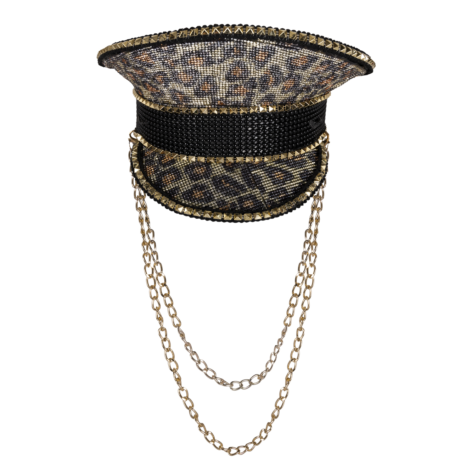 Basecap mit Leopardenmuster, Strasssteinen und goldener Kette – Bild 2