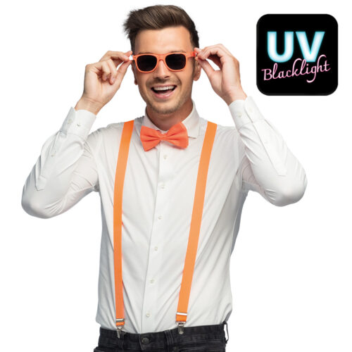 Accessoire-Set – UV Blacklight Partybrille, Fliege und Hosenträger – Neonorange