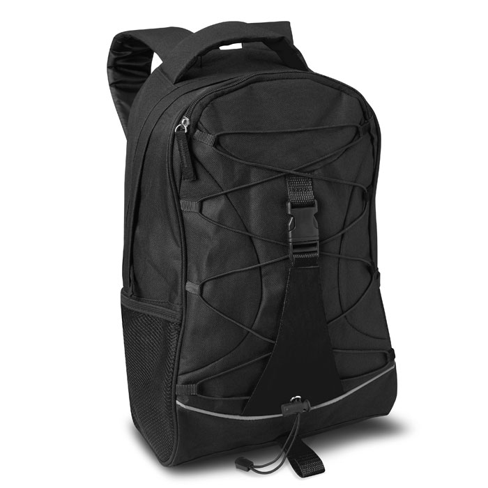 Schwarzer Polyester-Rucksack – Turnbeutel mit Kordelzug und Mesh-Seitentaschen – 29 x 46 cm – 21 Liter