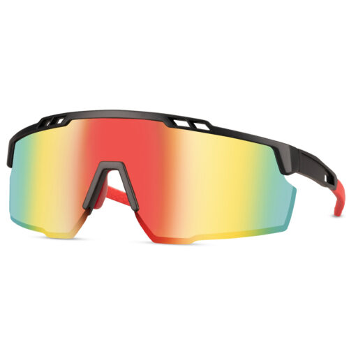 Schwarze Sport-Sonnenbrille mit glänzendem, halb randlosem Gestell und roten Bügeln – Multicolor-Glas