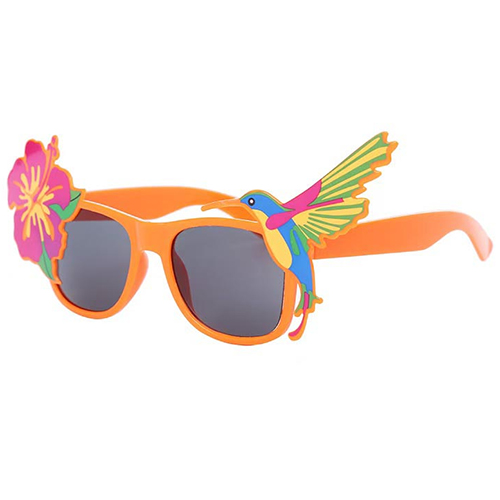 Tropische Partybrille mit schwarzen Gläsern – Orange Brille mit Blume und Vogel