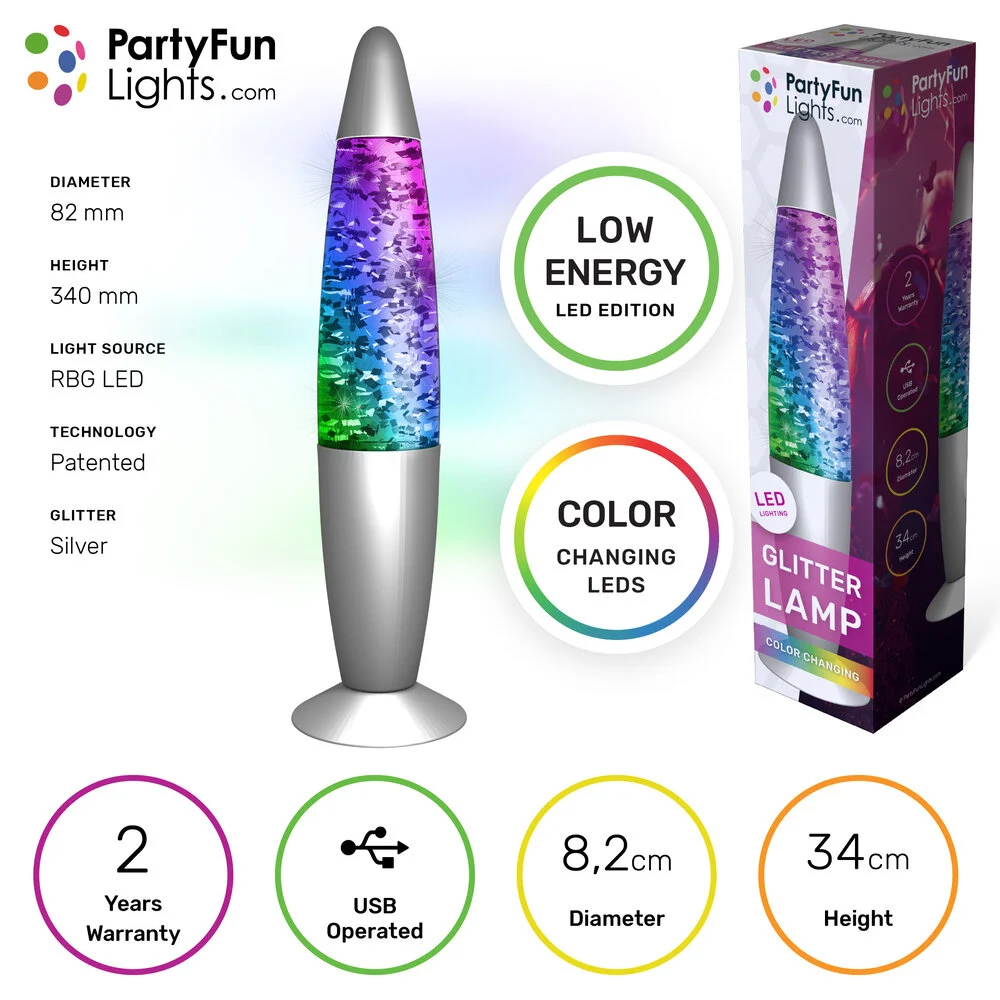 Zilveren glitter lavalamp - 34 cm - USB - Met kleurveranderende LED verlichting – Bild 5