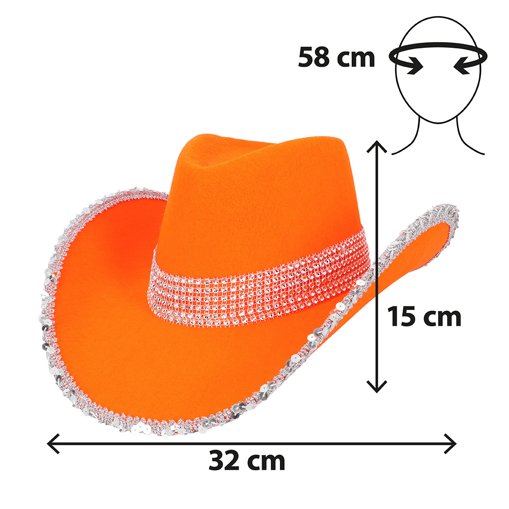 Cowboyhut mit Pailletten und Glitzersteinen – Festival Hut 58 cm – Orange – Bild 3