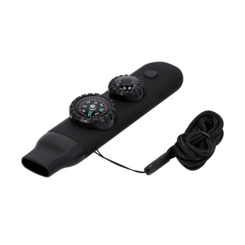 6-in-1 Sicherheits-Pfeife mit Kompass, Thermometer und Taschenlampe – Notfallpfeife für Notfallset – Schwarz
