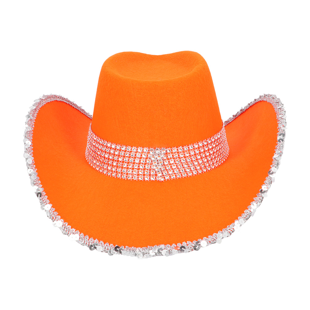 Cowboyhut mit Pailletten und Glitzersteinen – Festival Hut 58 cm – Orange – Bild 2