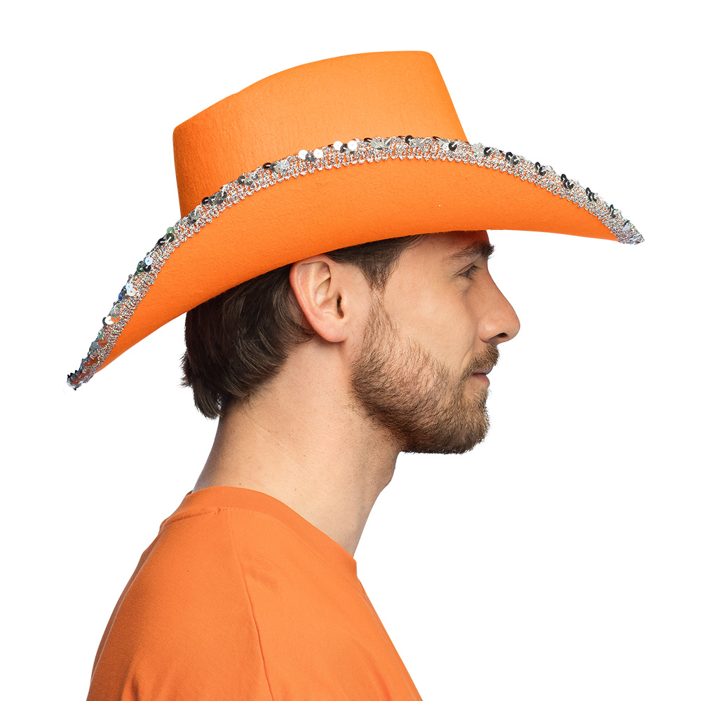 Cowboyhut mit Pailletten und Glitzersteinen – Festival Hut 58 cm – Orange – Bild 6