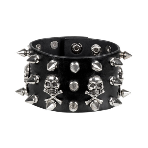 Biker-Armband mit Spikes und Totenköpfen – Lederoptik – Schwarz/Silber