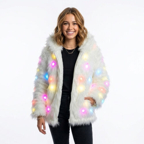 Ravelife - Leuchtende LED Kunstpelzjacke – Mit Fernbedienung - Kurzes Modell - Weiß - One Size