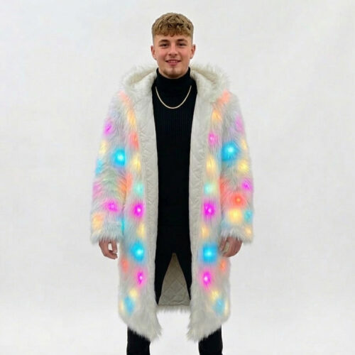 Ravelife – Leuchtender LED Kunstpelzmantel – Mit Fernbedienung – Langes Modell – Weiß – One Size