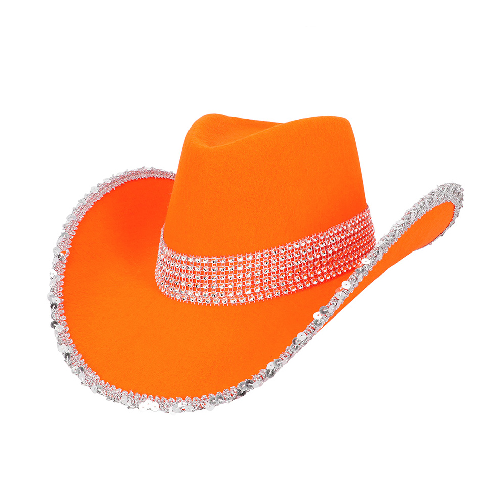 Cowboyhut mit Pailletten und Glitzersteinen – Festival Hut 58 cm – Orange