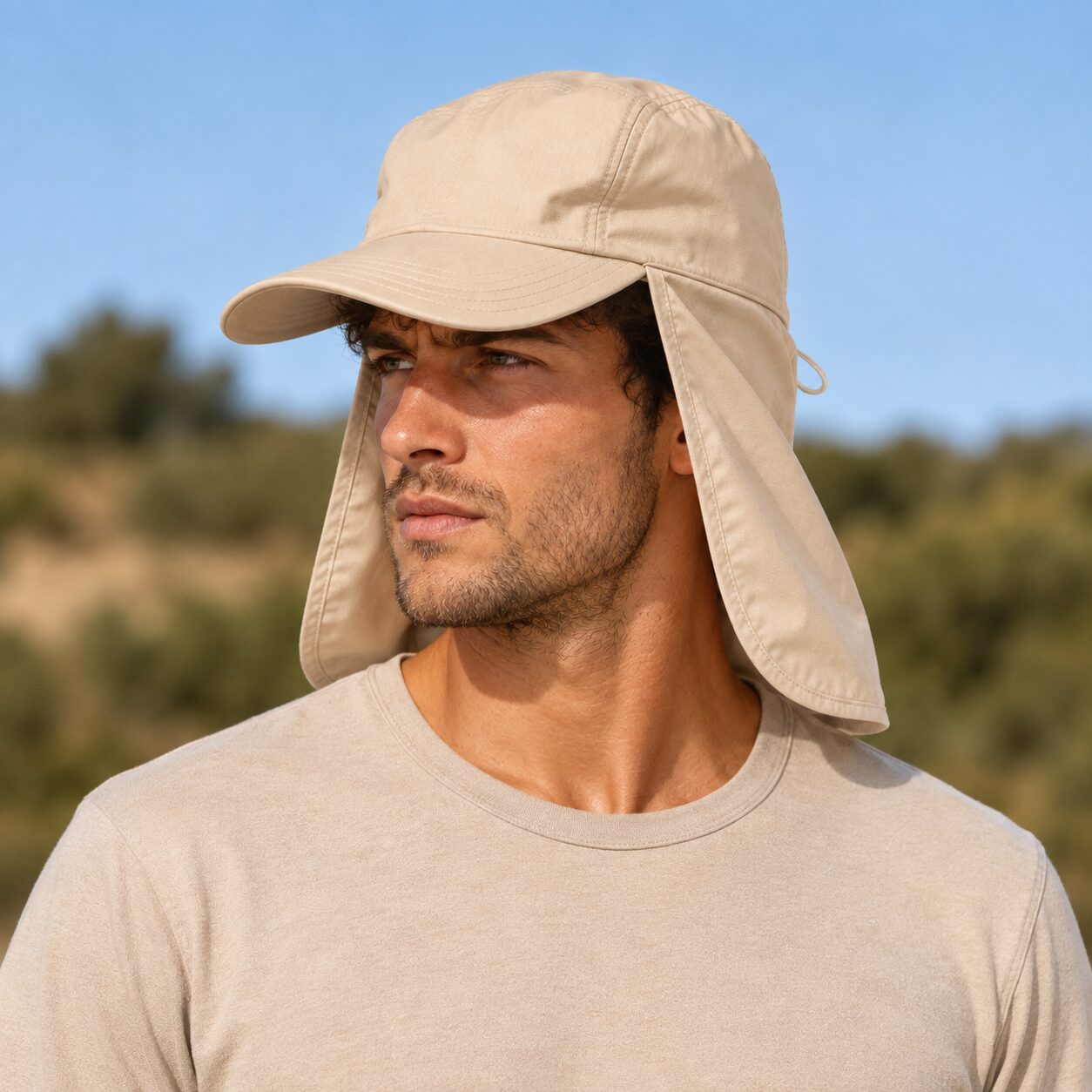 Schirmmütze mit Nackenschutz Baumwolle Beige – Bild 6
