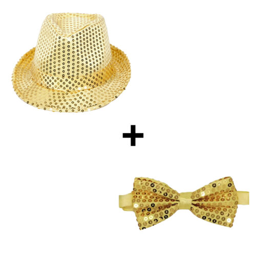 Fedora Partyhut + Glitterfliege Gold